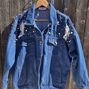 Embellished Denim Jacket with Pearls